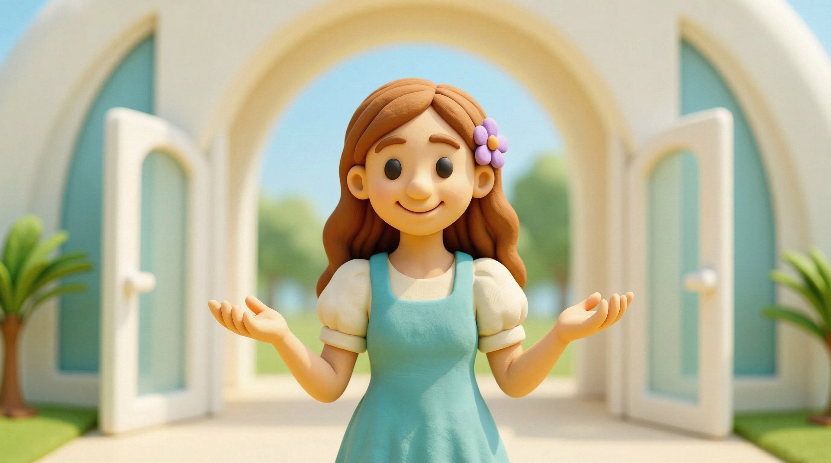 דמות בשמלה טורקיז עם ידיים פתוחות בשער — הזמנה ליצירה